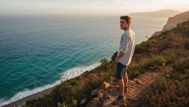 Young man standing on coastal cliff trail gazing over turquoise ocean at golden hour