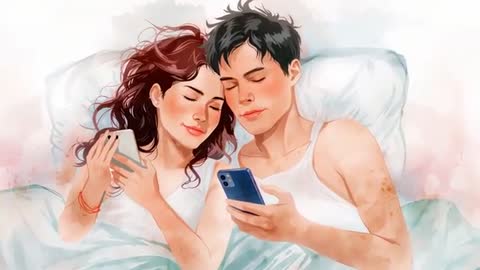 Couple Relaxing in Bed Using Smartphones and Enjoying Serenity