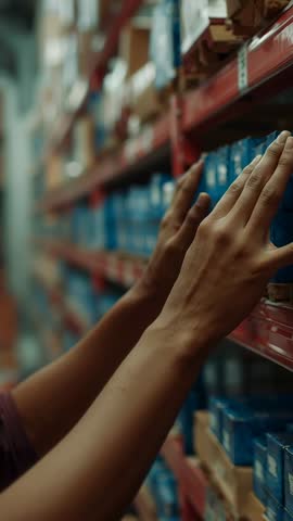 Worker reaching and pulling blue box from red warehouse rack vertical video