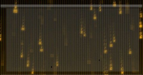 Gold financial data stream hud with cascading currency symbols and digital grid overlay
