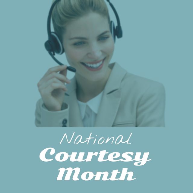 Digital composite image of caucasian young female tele caller with national courtesy month text. Copy space, celebration, courtesy month, support, being kind and courteous concept.