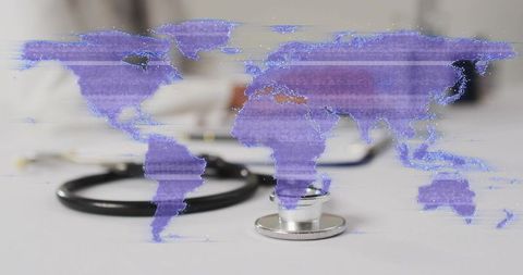Global digital health network overlaying stethoscope with holographic glitch world map