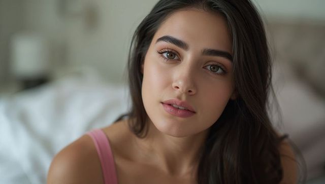 Intimate close-up of young woman with hazel eyes and long dark hair gazing softly