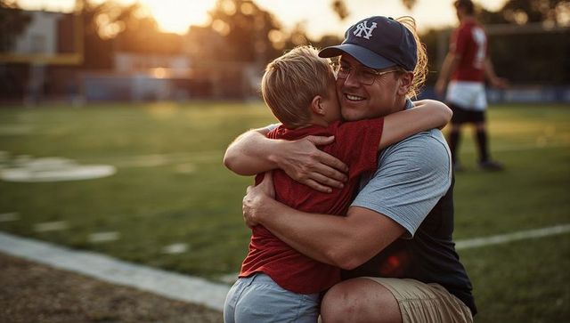 Father and Son Embrace on Sports Field at Sunset