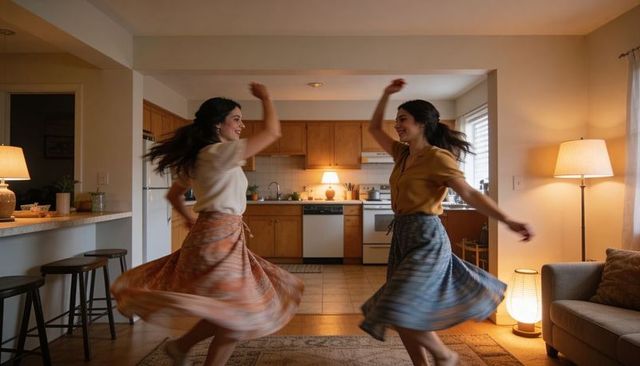 Two friends twirling in cozy apartment kitchen, evening dance, warm home lifestyle