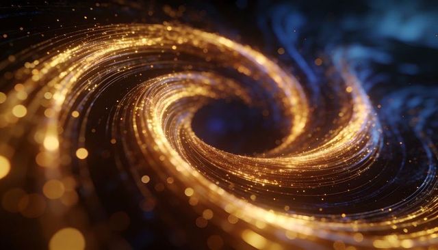 Spiraling golden particle vortex forming luminous tunnel with glowing bokeh orbs