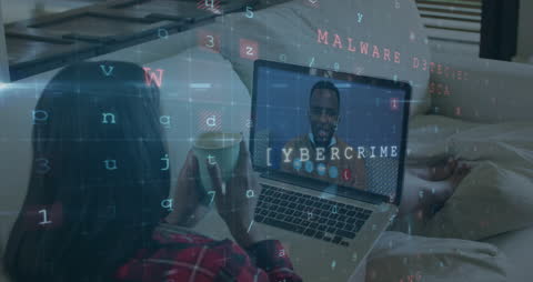 Conceptual Image of Cybercrime Threat with Laptop in Bedroom