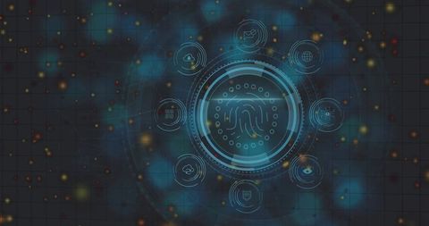 Biometric Fingerprint HUD Projecting Rings and Icon Nodes for Cybersecurity Interface