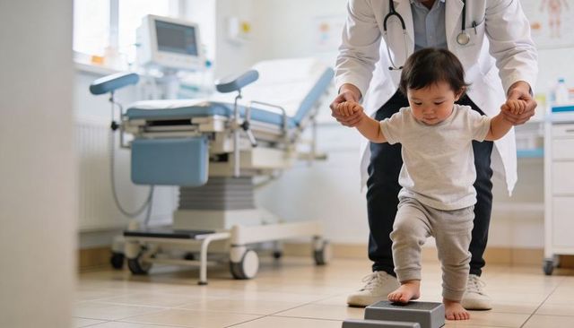 Pediatrician guiding toddler first steps during developmental checkup in bright clinic care