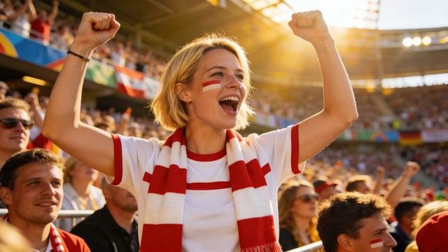Female soccer fan cheering with red white scarf and face paint in sunlit stadium