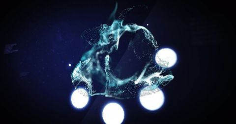 Luminous teal particle nebula swirling around glowing orbs, futuristic holographic network