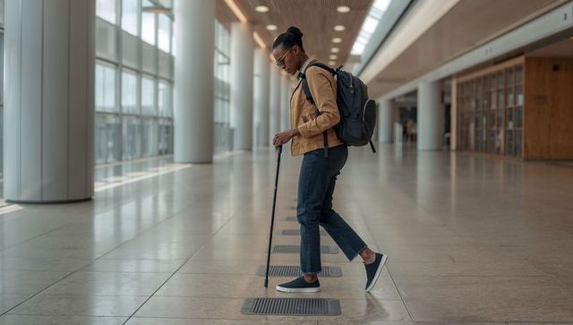 Woman walking with mobility cane on tactile tiles in modern airport concourse, tan jacket
