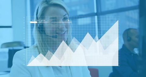 Customer support agent wearing headset analyzing performance data with team in modern office