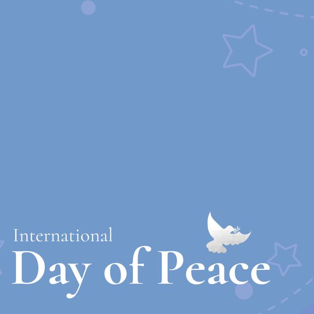Vector image of pigeon with international day of peace text on blue background, copy space. Avoid war and violence, celebration, commemorating and strengthening ideals of peace, spread kindness.
