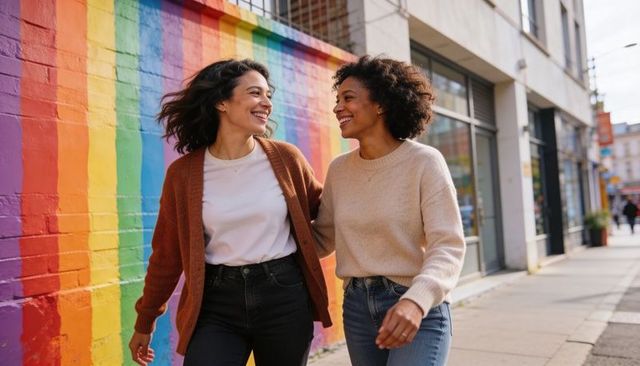 Two women walking arm-in-arm past rainbow mural smiling urban friendship