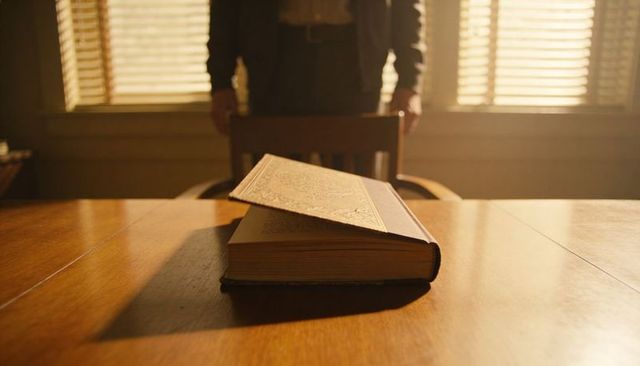 Ornate embossed book lying partly open on oak table, sunlight through blinds, man standing