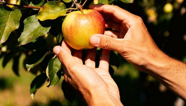 Harvesting ripe red-yellow apple with gentle hands in sunlit orchard