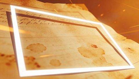 Glowing rectangular frame floating over aged parchment casting shadow with sparks