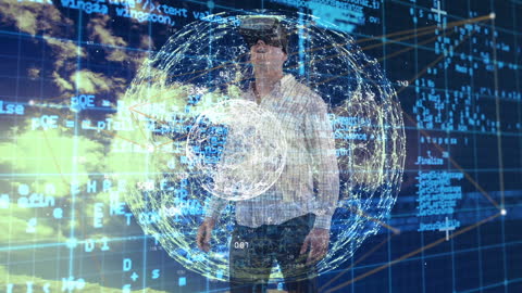 Man Experiencing Virtual Reality with Global Network Overlay