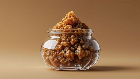 Premium frankincense crystals in glass jar on warm taupe background