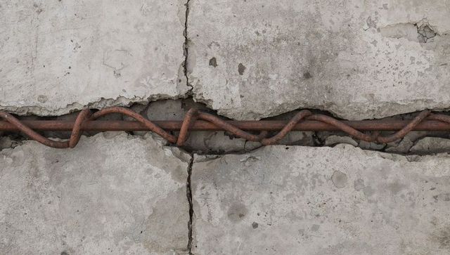 Exposed rusted rebar threading through cracked concrete slab revealing structural corrosion