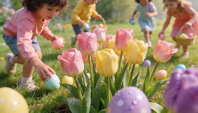 Children hunting easter eggs among dewy pink and yellow tulips in sunny spring meadow