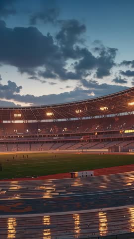Panning across floodlit sports stadium at dusk with wet track reflecting lights, vertical video