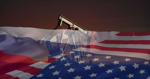 Oil pump with overlapping russian and american flags symbolizing trade