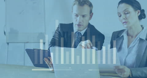 Colleagues Analyzing Data with Overlaid Bar Graph Animation