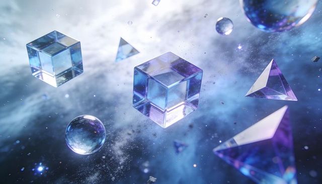 Floating glass cubes and prisms refracting light in cosmic nebula — crystal abstract