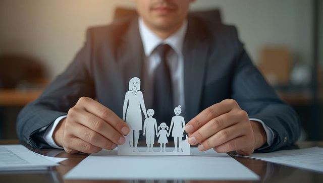 Businessman holding family silhouette at desk for strategic planning