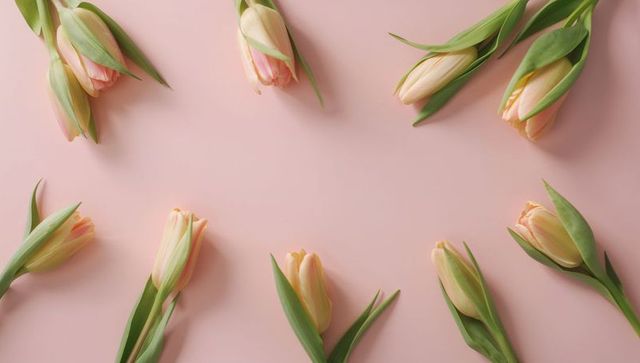 Peach tulip buds framing empty center on soft pink background for spring design