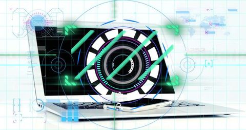 Slim laptop projecting neon holographic hud overlay with smartphone, futuristic data ui