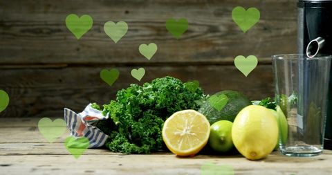 Fresh vegetables celebrated with green heart icons in rustic kitchen