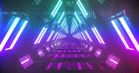 Futuristic neon triangle tunnel with vibrant light effects