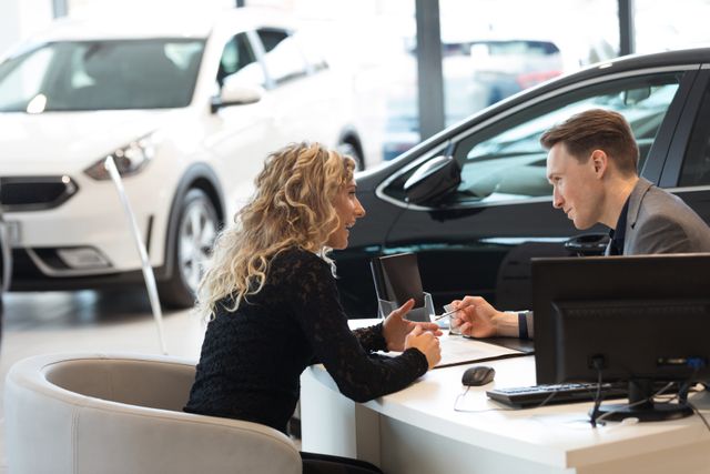 Happy female customer talking with salesman while sitting at desk in showroom