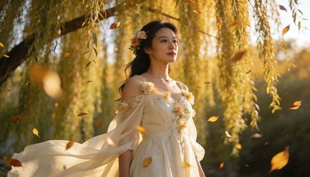 Standing asian woman wearing floral off-shoulder gown beneath willow tree, golden leaves falling