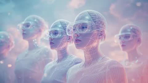 Futuristic Figures with VR in Digital Sky