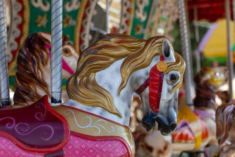 Colorful Carousel Horses in Amusement Park