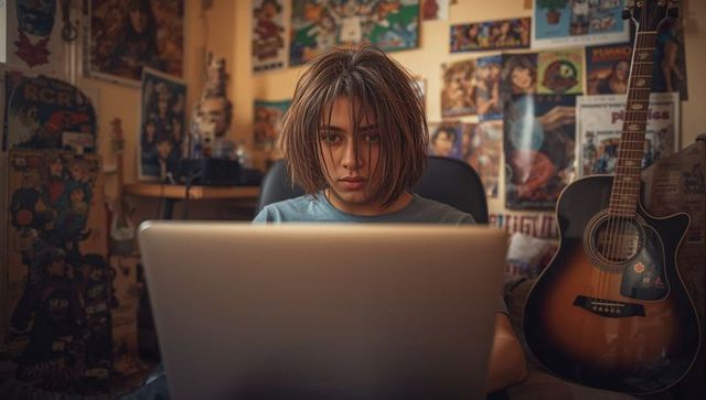 Teen boy engaged with laptop in artistic bedroom setting