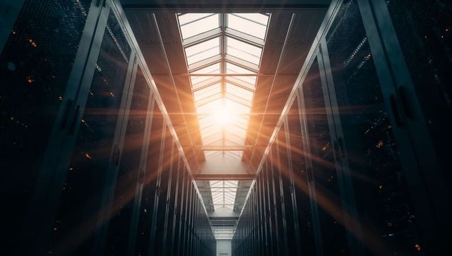 Sunlight streaming through skylight over symmetrical data center aisle with server racks