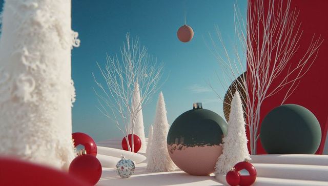 Stylized Winter Wonderland with Floating Ornaments