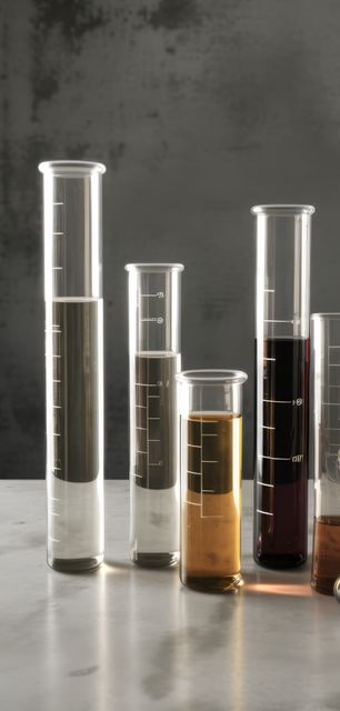 Laboratory setting featuring several test tubes filled with various colored liquids. Suitable for illustrating scientific experiments, research processes, and educational materials related to chemistry and laboratory work.