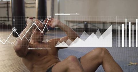 Shirtless man performing crunches with fitness graphs overlaying workout performance data