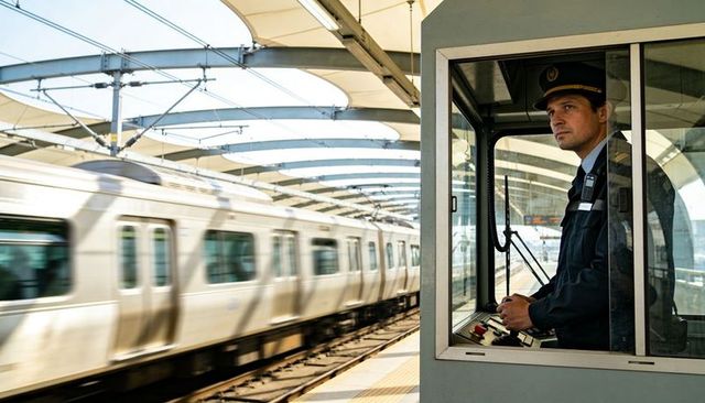 Rail operator monitoring passing train from glass booth on sunlit urban platform