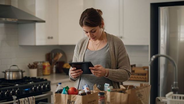 Woman checking grocery list on tablet while unpacking paper bags at modern kitchen