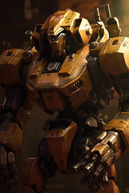 Close up of yellow mecha giant robot, created using generative ai technology. Mecha, science fiction and machines concept digitally generated image.