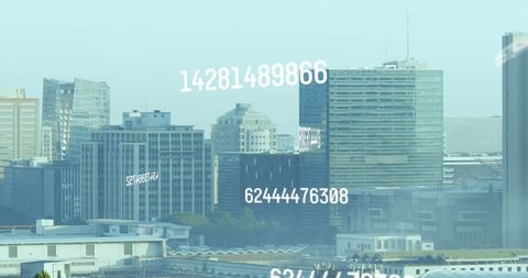 Digital numbers overlay on urban skyline represents business growth