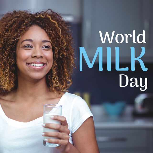 Smiling African American Woman Celebrating World Milk Day with Glass of Milk - Download Free Stock Templates Pikwizard.com