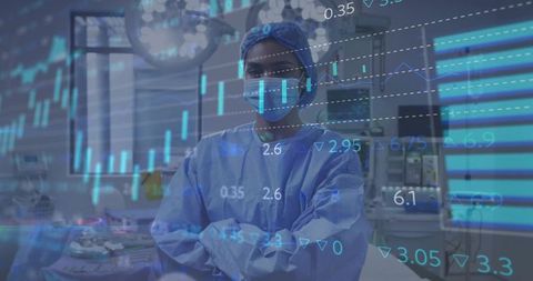 Surgeon standing in operating room with financial chart overlay showing healthcare markets